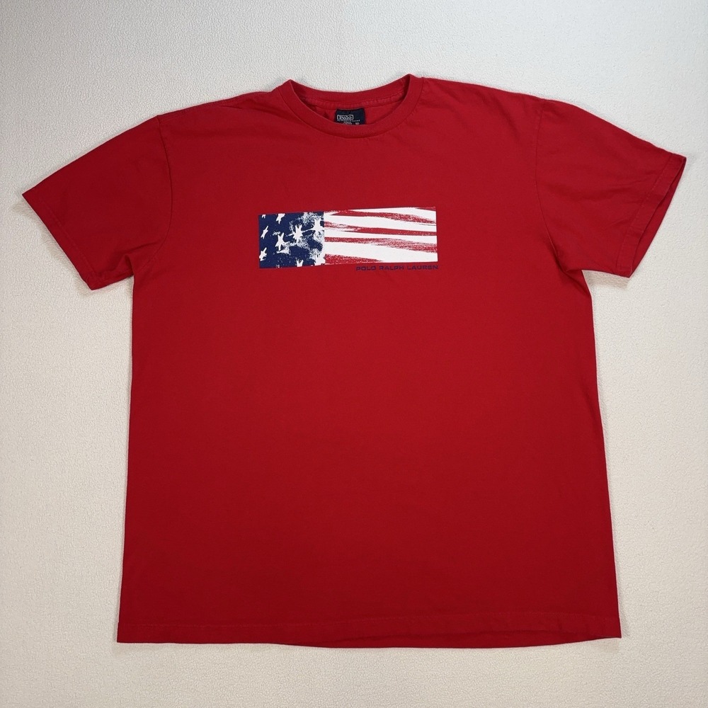 Polo Ralph Lauren American Flag T-Shirt Men's M Red 100% Cotton USA *Small HOLE*